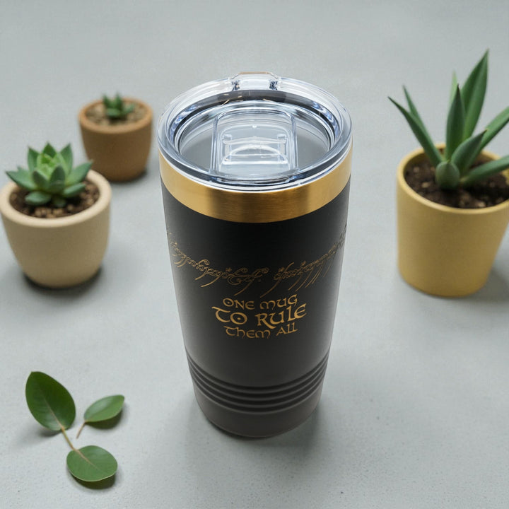 HipFlaskPlus 20oz black stainless steel tumbler with gold band and laser engraved One Mug to Rule Them All design