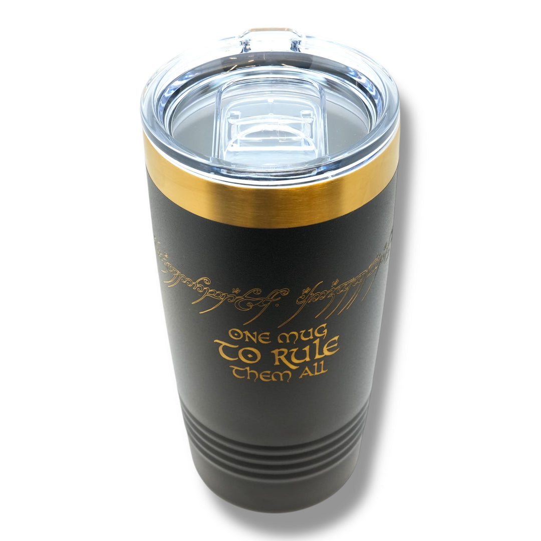 HipFlaskPlus 20oz black stainless steel tumbler with gold rim and laser-engraved One Mug To Rule Them All design