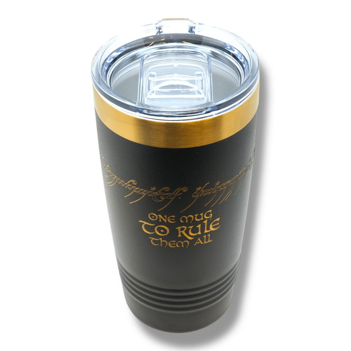 HipFlaskPlus 20oz black stainless steel tumbler with gold rim and laser-engraved One Mug To Rule Them All design