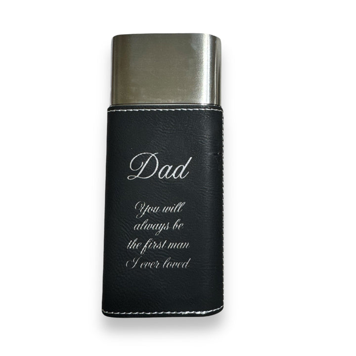 HipFlaskPlus black leatherette cigar case with silver cutter featuring engraved Dad quote in elegant script font