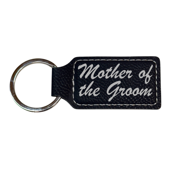 HipFlaskPlus black rectangular leatherette keychain with white Mother of the Groom text and silver metal ring