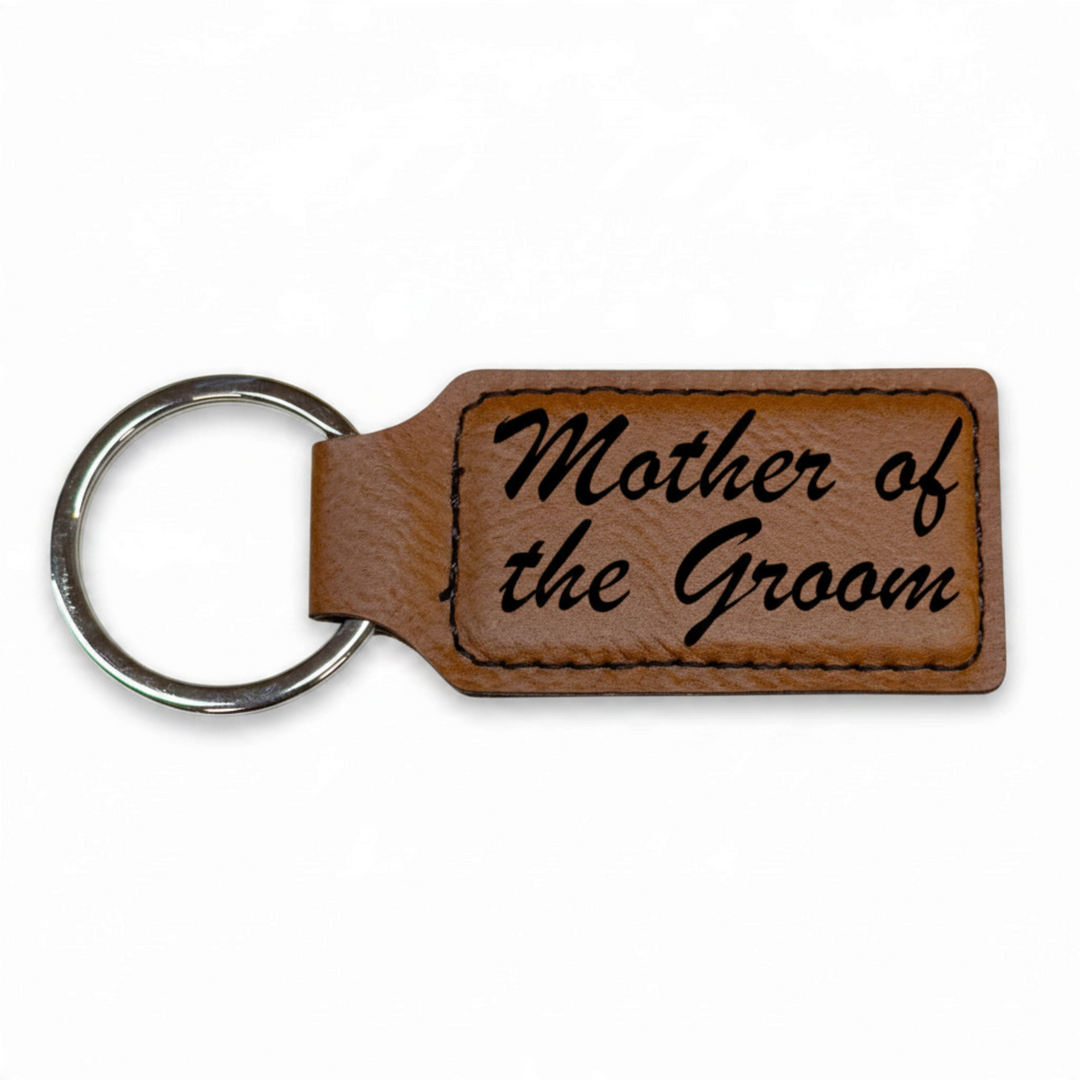 HipFlaskPlus rectangular brown leatherette keychain engraved with Mother of the Groom text and a silver metal ring.