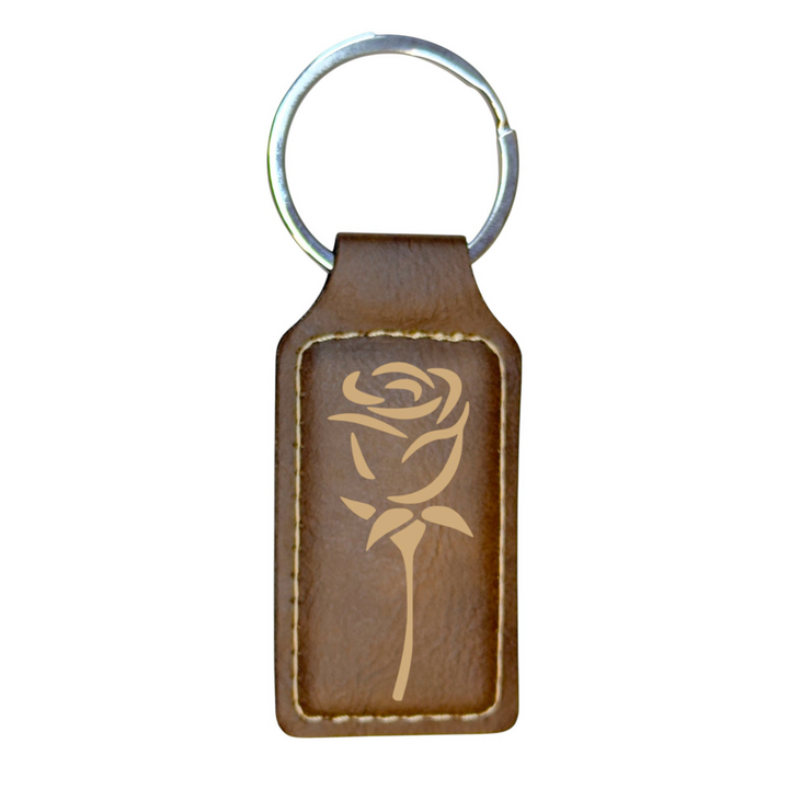 HipFlaskPlus rectangular brown leatherette keychain featuring a laser-engraved rose design and silver metal ring.