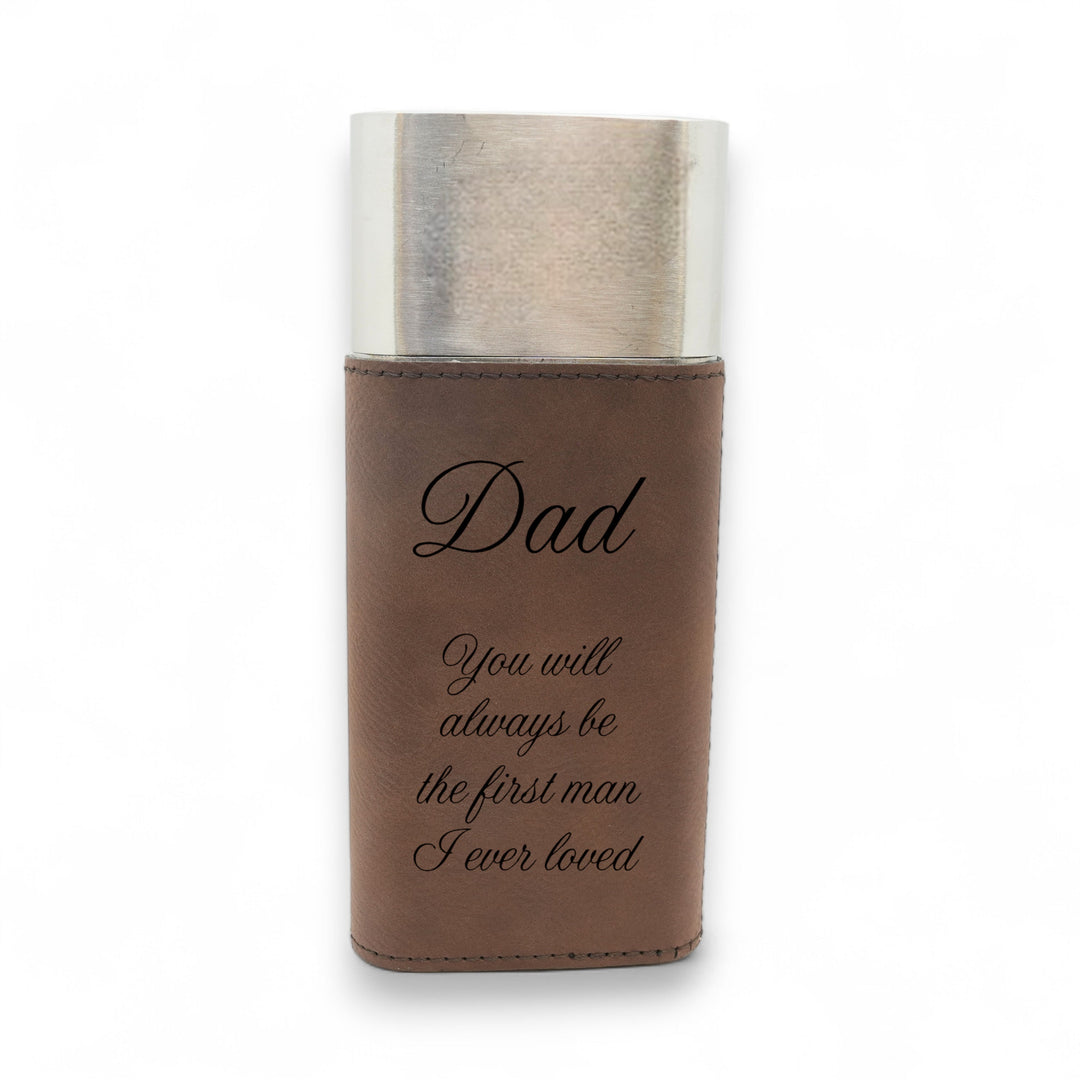 HipFlaskPlus brown leatherette cigar case with silver metal top and engraved Dad quote for Father&
