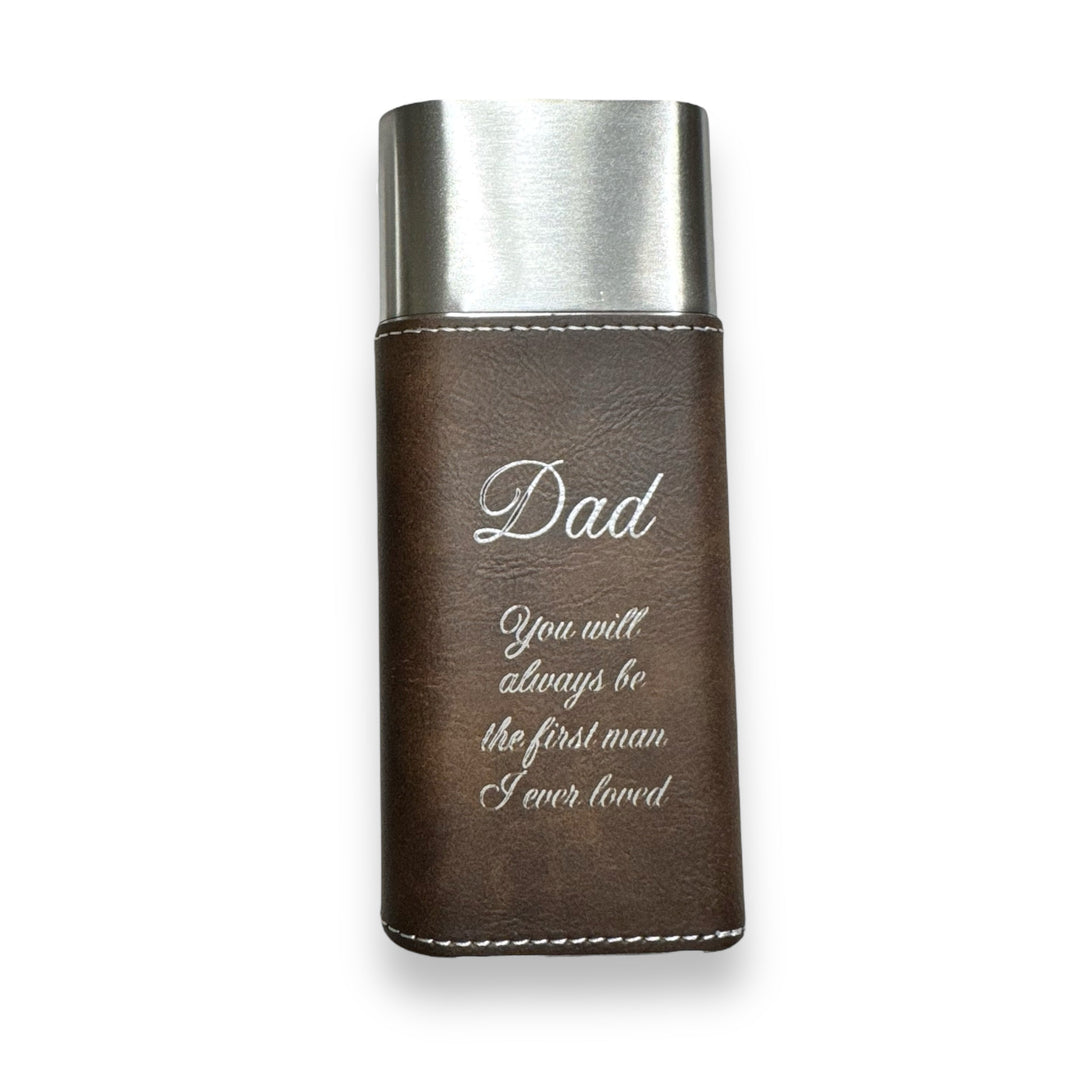 HipFlaskPlus brown leatherette cigar case with silver metal top, engraved with Dad you will always be the first man