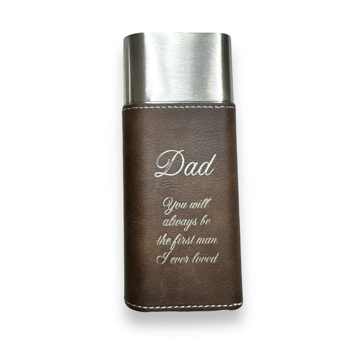 HipFlaskPlus brown leatherette cigar case with silver metal top, engraved with Dad you will always be the first man