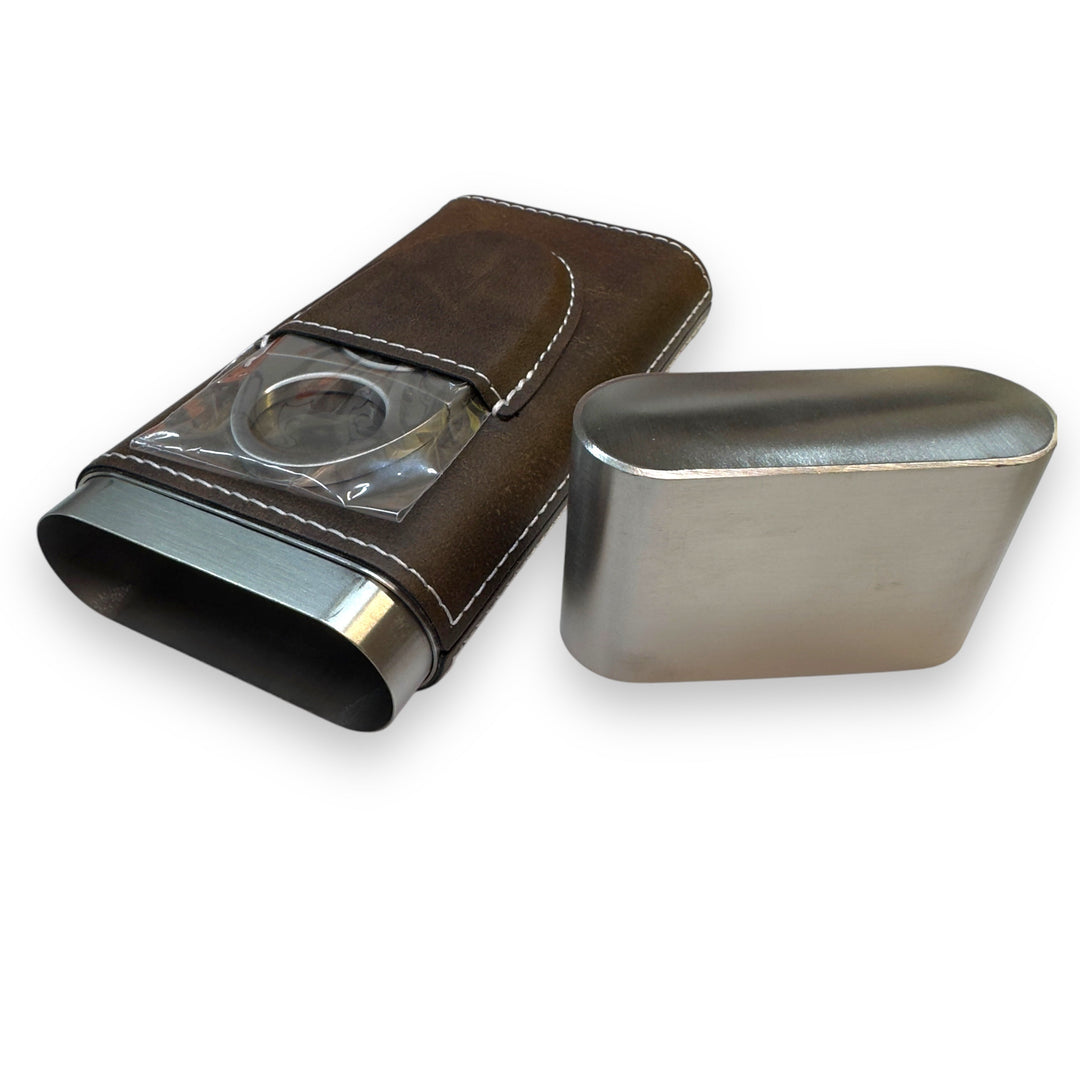 HipFlaskPlus brown leatherette cigar case with integrated cutter and matching metal cap