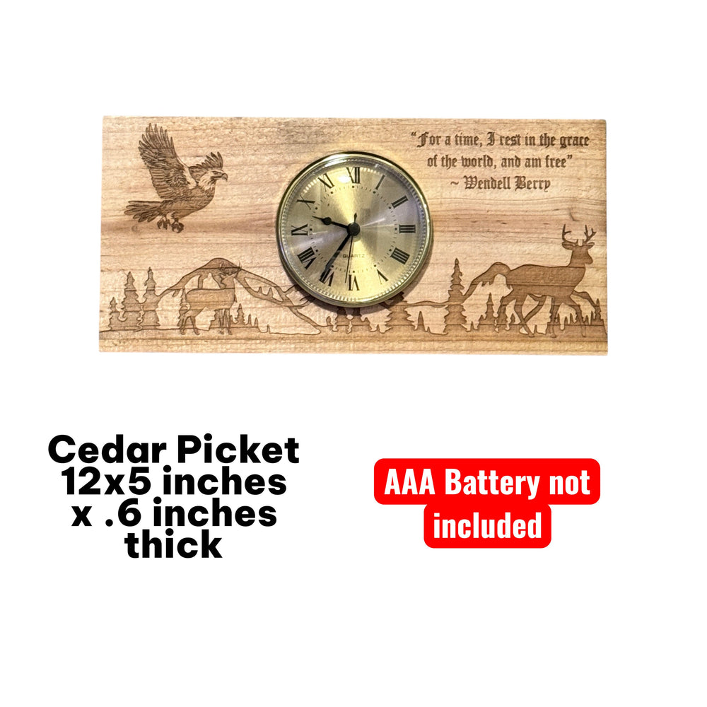 HipFlaskPlus rustic cedar picket wall clock featuring a laser-engraved deer and mountain scene with a quote.
