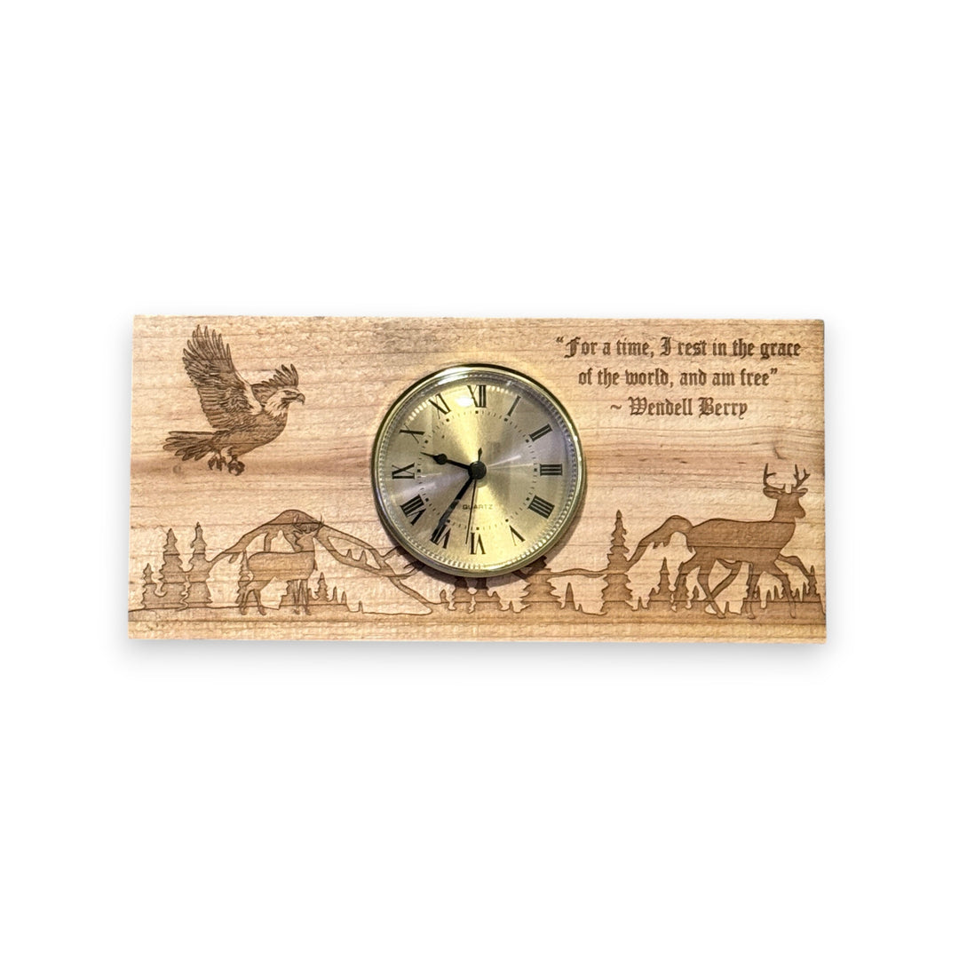 HipFlaskPlus cedar picket wall clock with laser-engraved deer, eagle, and mountain scene with a quote.