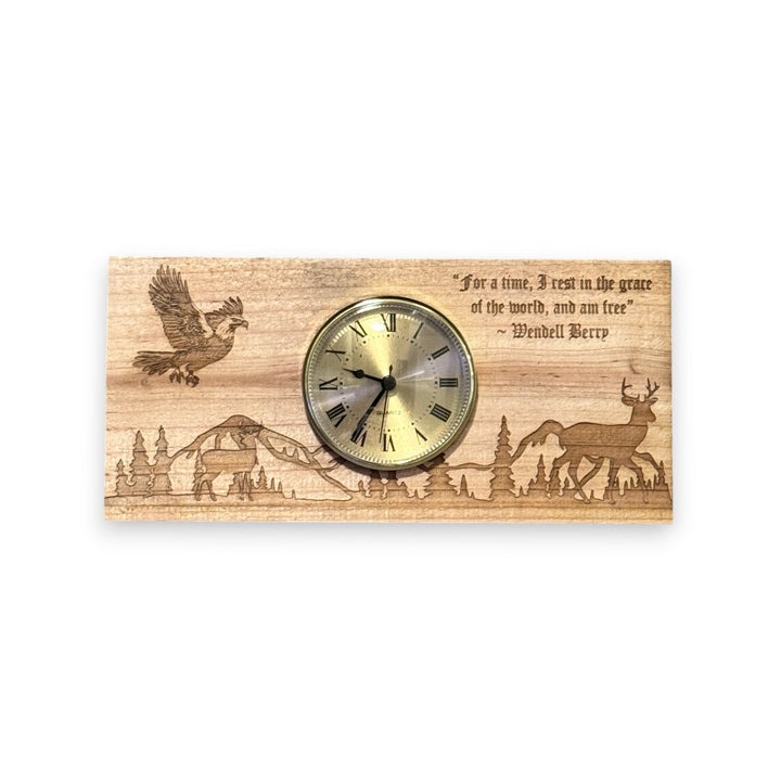 HipFlaskPlus cedar picket wall clock with laser-engraved deer, eagle, and mountain scene with a quote.