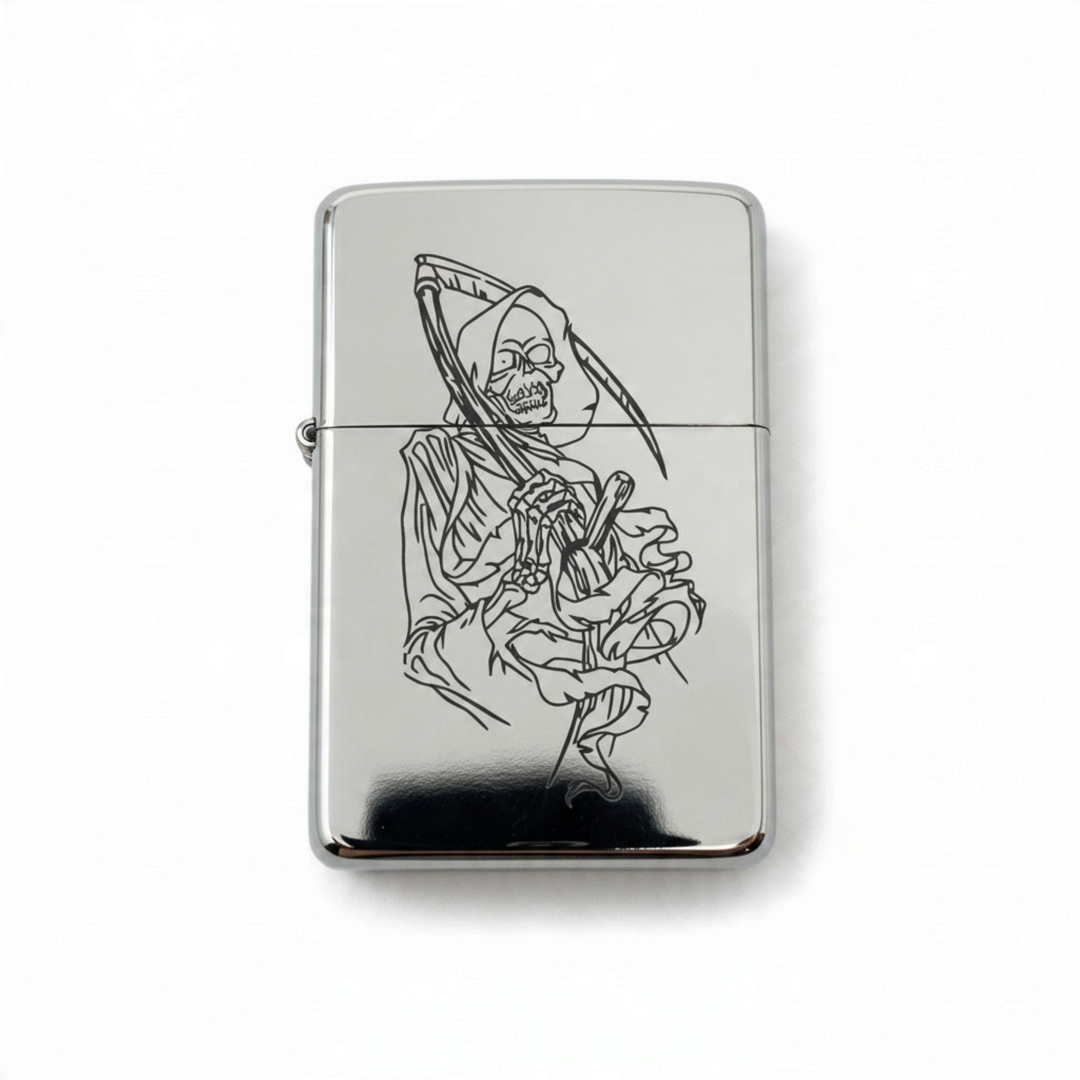 HipFlaskPlus chrome windproof lighter featuring a detailed black line art engraving of the grim reaper.
