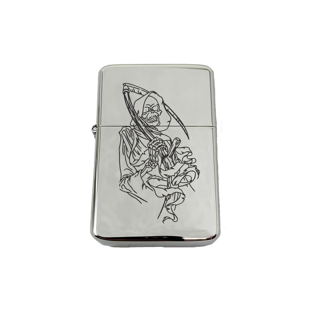 HipFlaskPlus chrome windproof lighter featuring an engraved grim reaper dealer of death design in a gift tin case