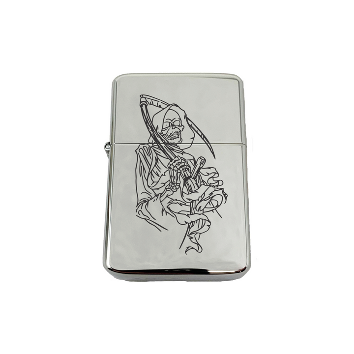 HipFlaskPlus chrome windproof lighter featuring an engraved grim reaper dealer of death design in a gift tin case