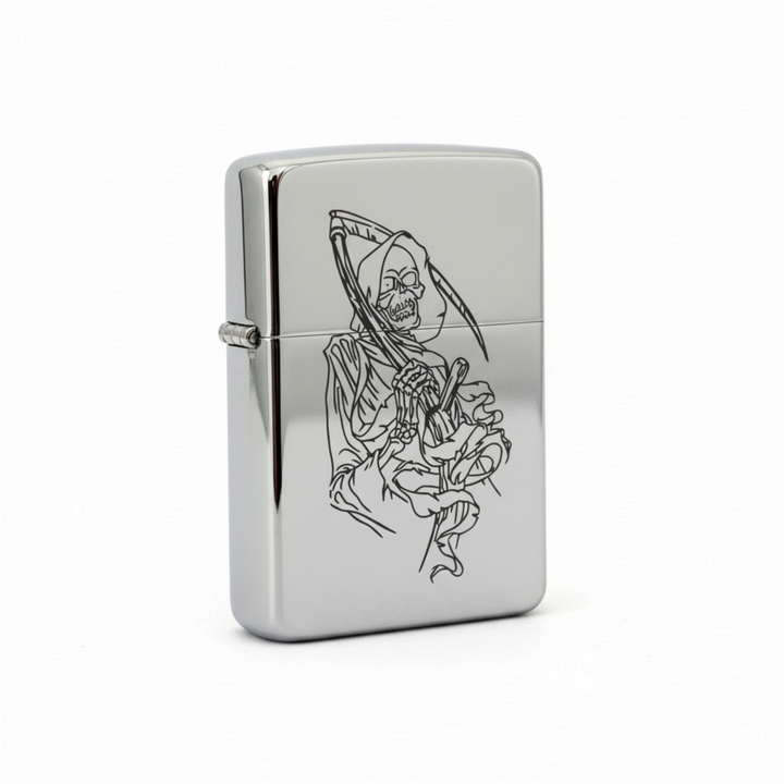 HipFlaskPlus chrome windproof lighter featuring a detailed grim reaper dealer of death engraving in a gift box.