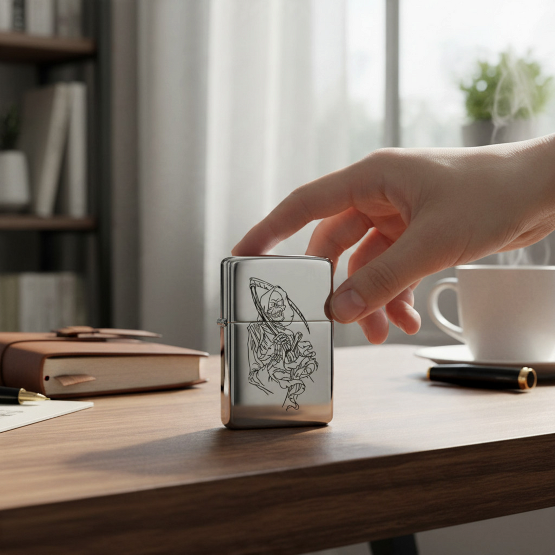 HipFlaskPlus chrome windproof lighter featuring a grim reaper dealer of death engraving on a desk setting