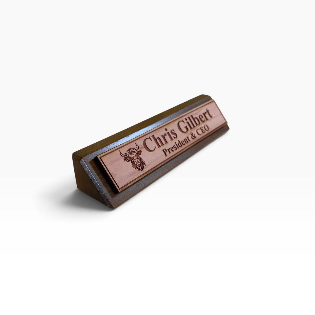 HipFlaskPlus personalized wooden desk wedge name plate with Highland cow engraving and professional title