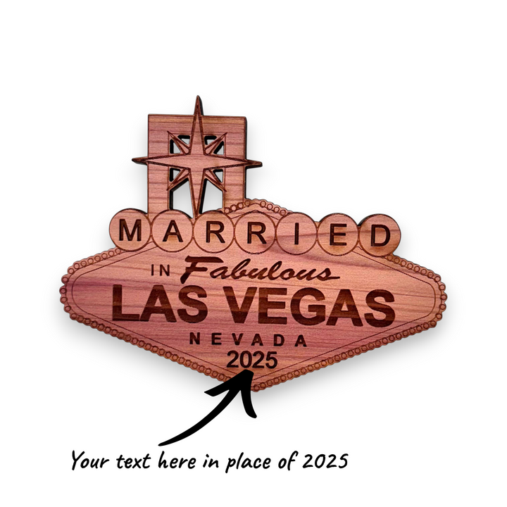 HipFlaskPlus personalized raw cedar wood ornament shaped like the iconic Las Vegas sign with deep laser engraving.
