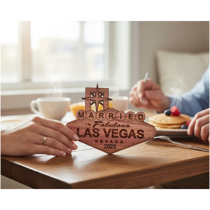 HipFlaskPlus personalized raw cedar wood ornament featuring a laser-engraved Married in Las Vegas sign design.