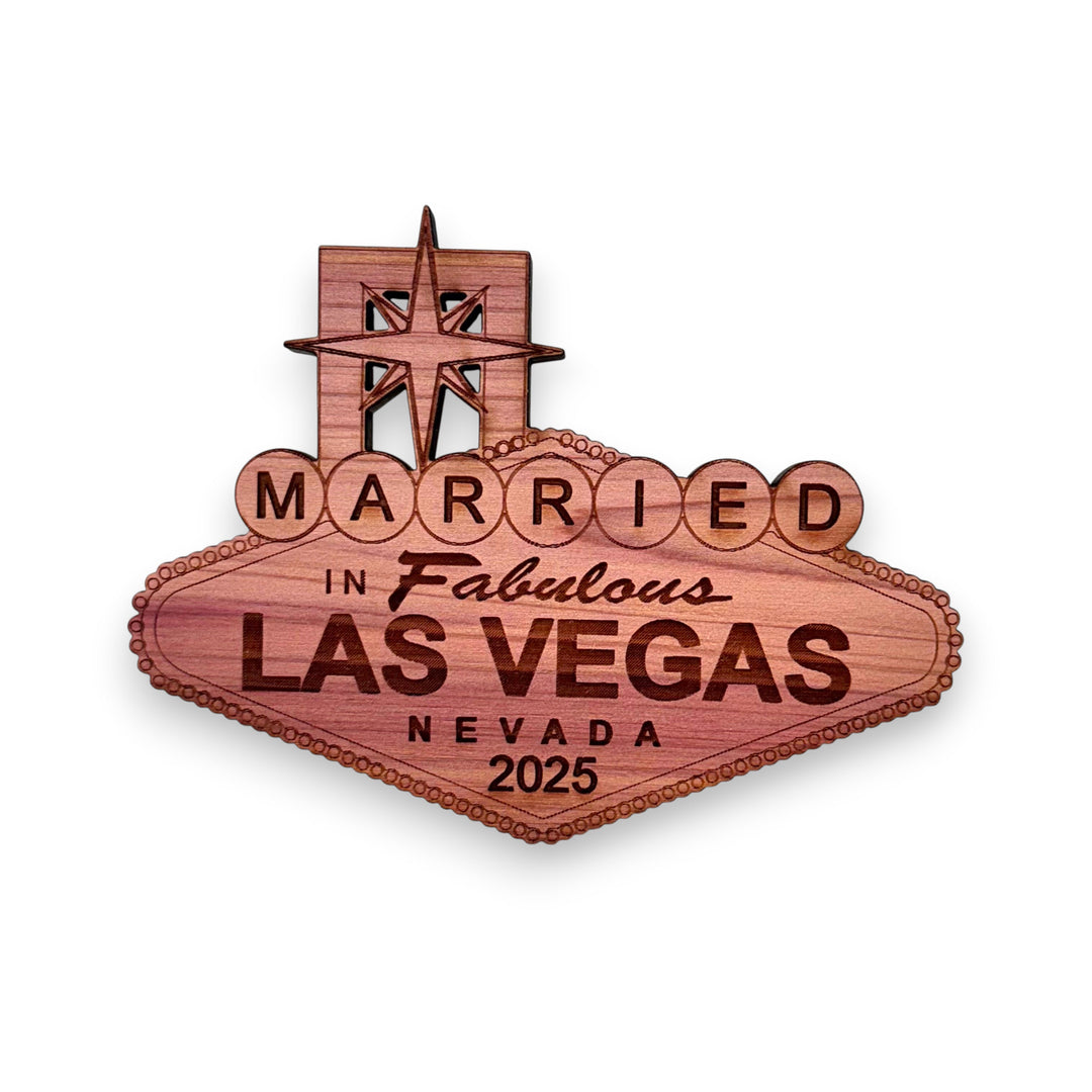 HipFlaskPlus personalized raw cedar wood ornament shaped like the iconic Las Vegas sign with deep laser engraving.