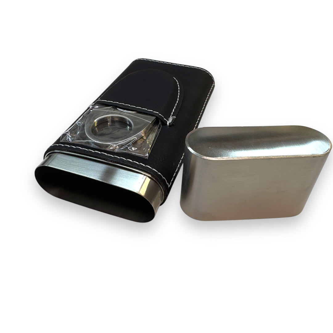 HipFlaskPlus black leatherette cigar case with integrated metal cigar cutter and removable stainless steel cap
