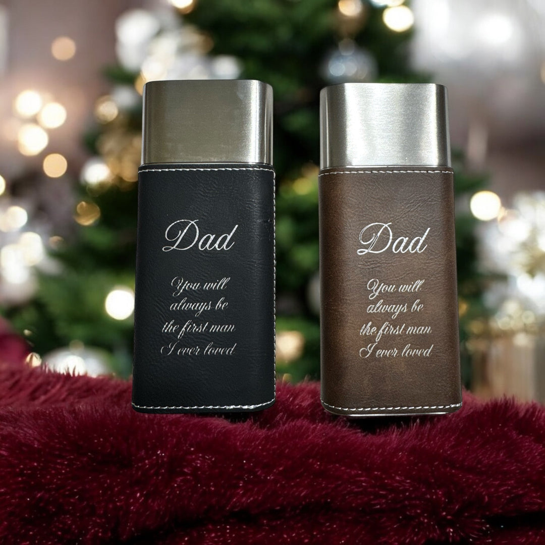 HipFlaskPlus black and brown leatherette cigar cases with Dad engraving and stainless steel cutter on red fabric