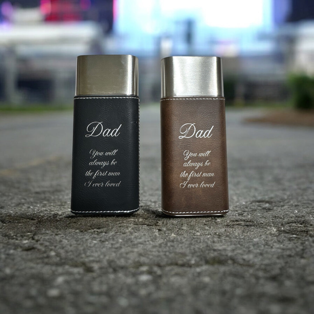 HipFlaskPlus black and brown leatherette cigar cases with Dad quote engraving and integrated metal cigar cutters.