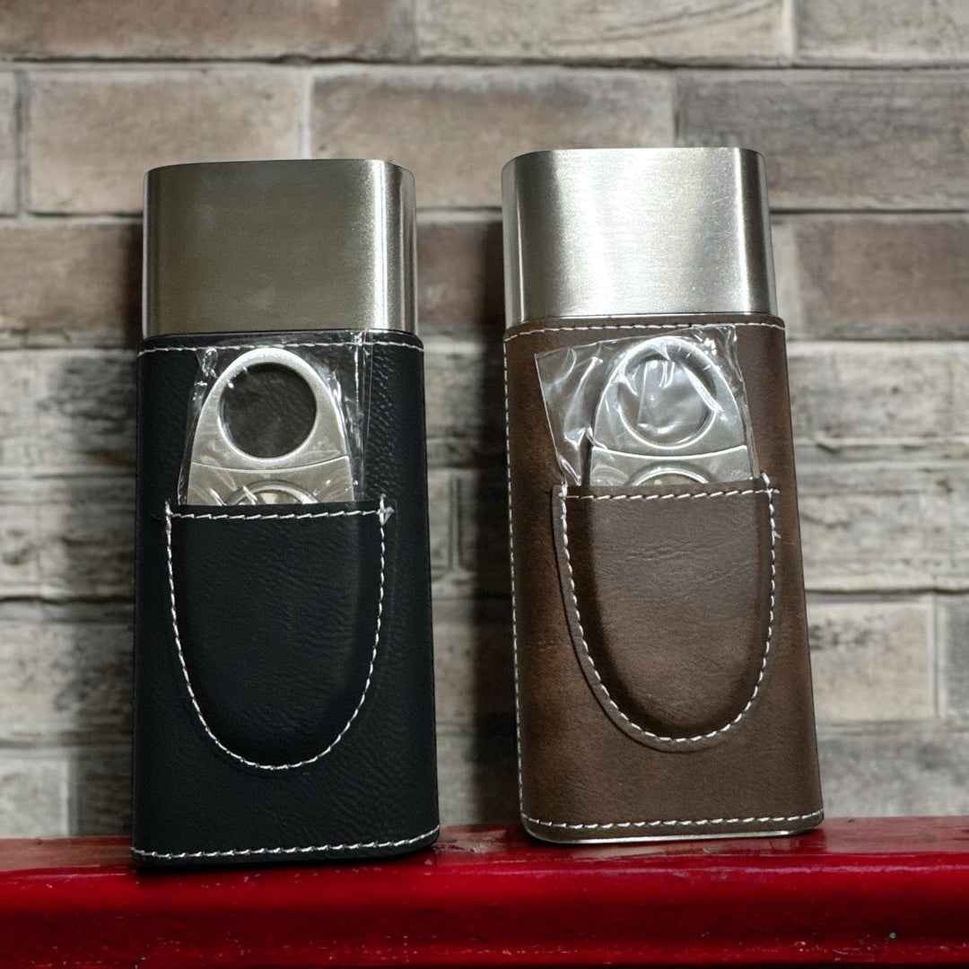 HipFlaskPlus leatherette cigar cases in black and brown with integrated stainless steel cigar cutters