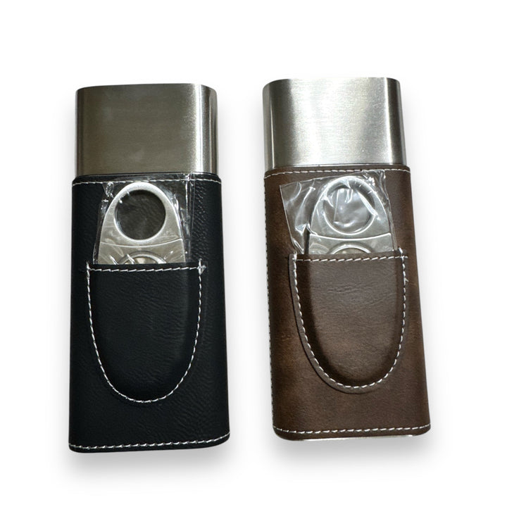 HipFlaskPlus leatherette cigar cases in black and brown with stainless steel cutters and white contrast stitching