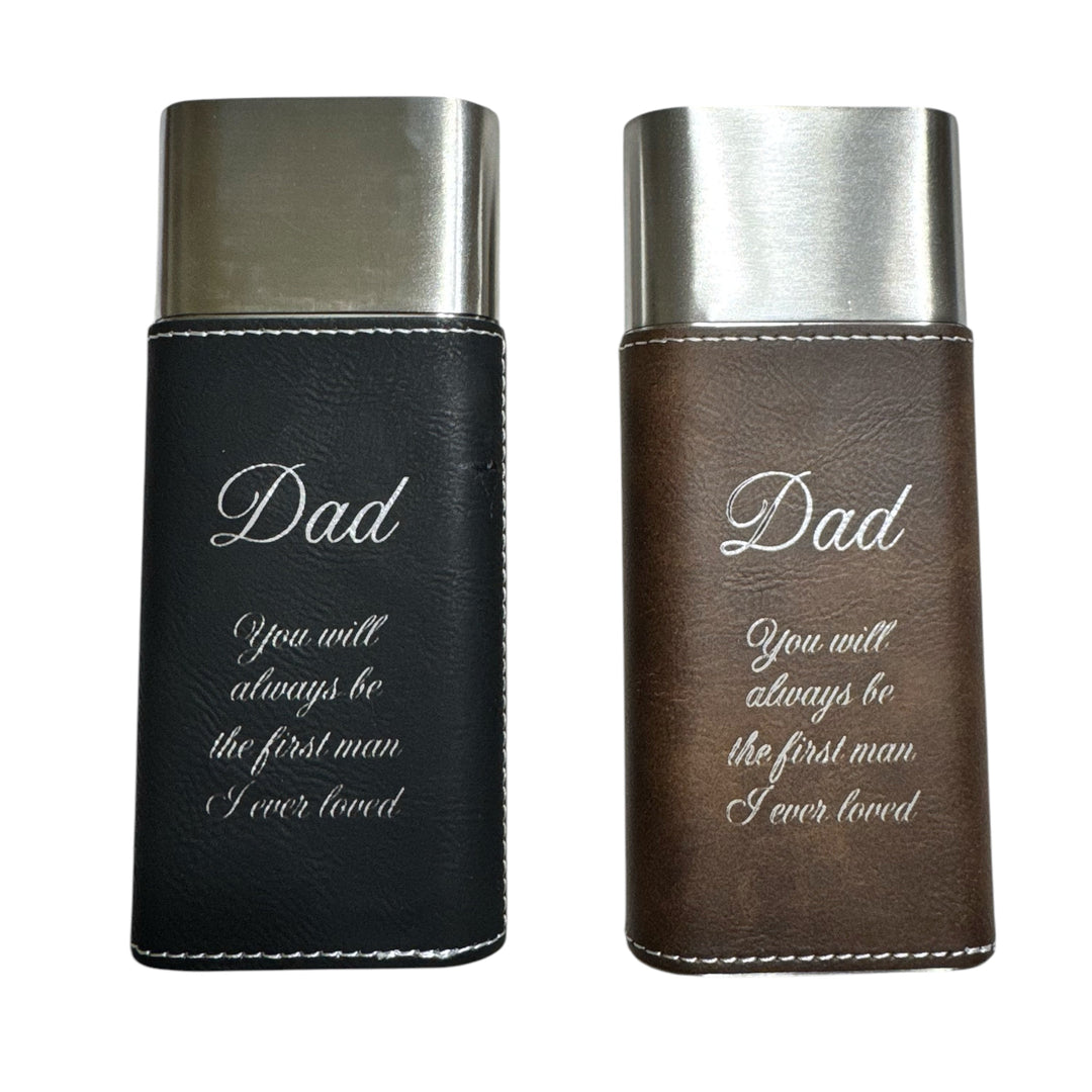 HipFlaskPlus black and brown leatherette cigar cases with stainless steel caps and Dad quote engraving