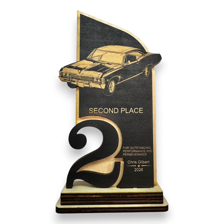 HipFlaskPlus personalized maple wood car show award featuring a laser-engraved classic car and second place text.