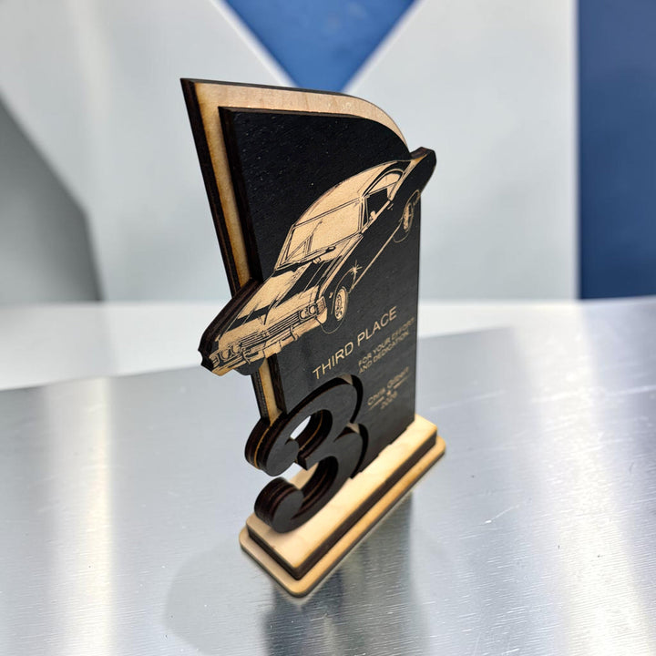 HipFlaskPlus personalized maple wood car show trophy with laser-engraved classic car and third place text