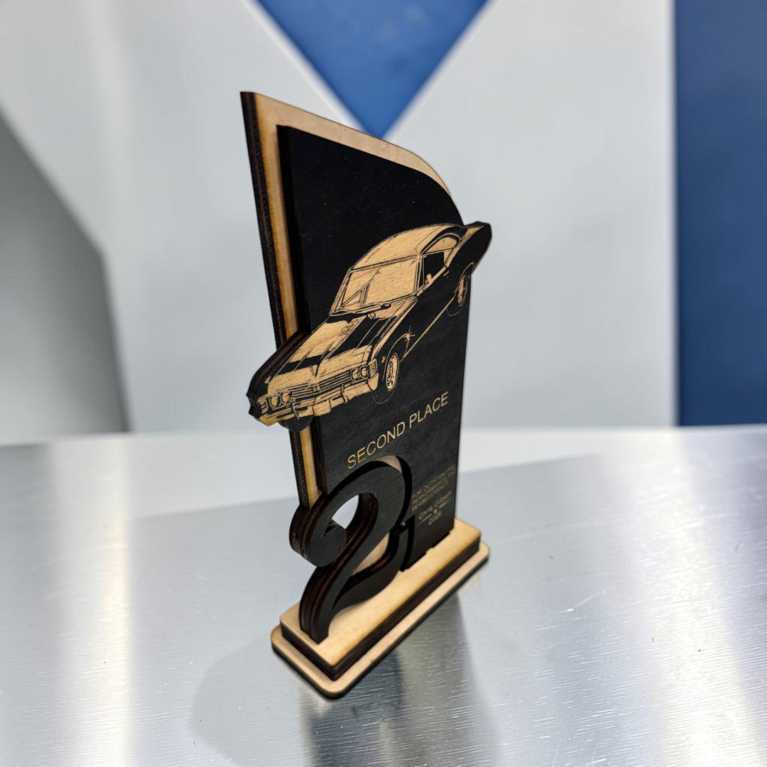 HipFlaskPlus personalized maple wood car show trophy with laser engraved classic car and second place text