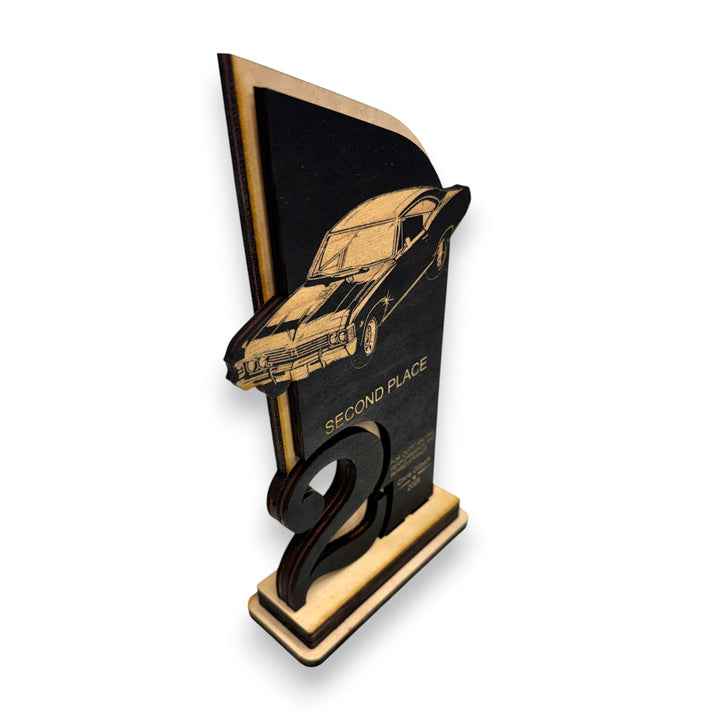 HipFlaskPlus personalized maple wood car show trophy for second place with laser engraved classic car design