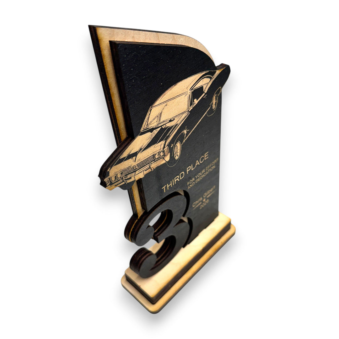 HipFlaskPlus personalized maple wood car show trophy with laser engraved classic car and third place detail