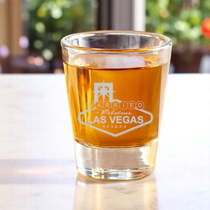 HipFlaskPlus 2oz clear glass shot glass with Married in Las Vegas engraved design, perfect for wedding celebrations.
