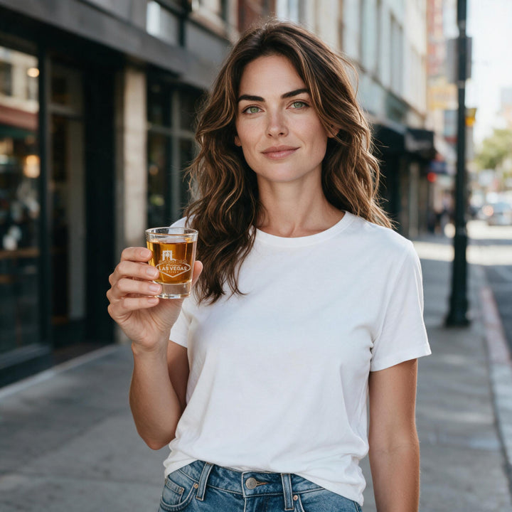 A woman holding a HipFlaskPlus 2oz clear glass shot glass with Married in Las Vegas engraving on a city street.