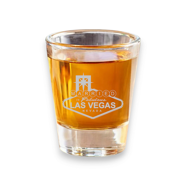 HipFlaskPlus 2oz clear glass shot glass with permanent Married in Las Vegas engraving and heavy-bottom base