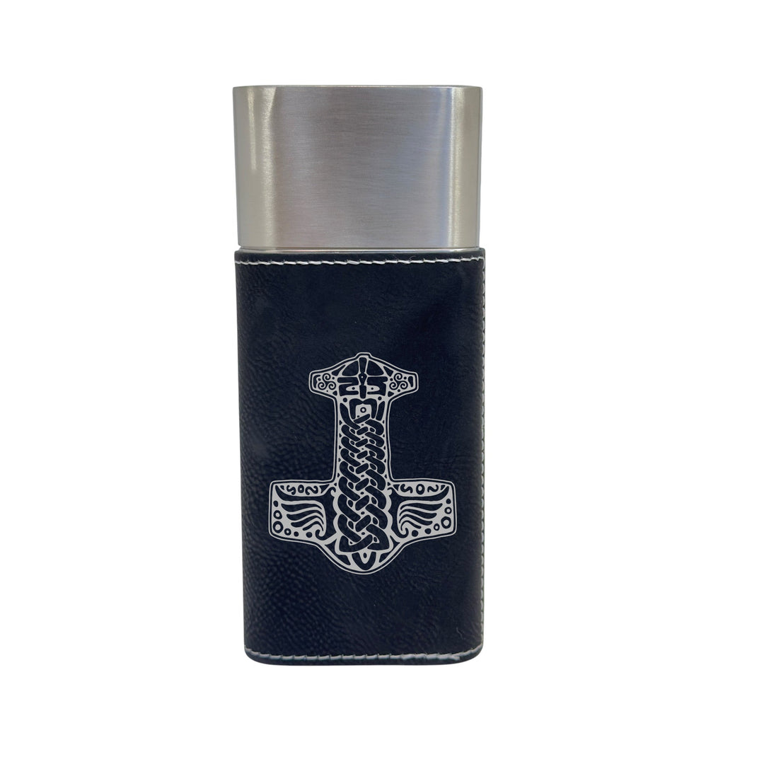 HipFlaskPlus black leatherette cigar case featuring a white Mjolnir Norse hammer design and stainless steel cutter
