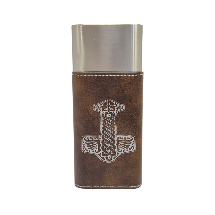 HipFlaskPlus brown leatherette cigar case featuring an engraved Mjolnir hammer design and a stainless steel cutter.