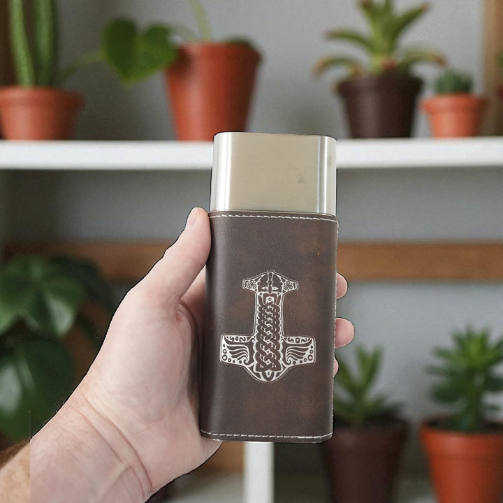 HipFlaskPlus brown leatherette cigar case featuring a Mjolnir hammer engraving and integrated metal cigar cutter