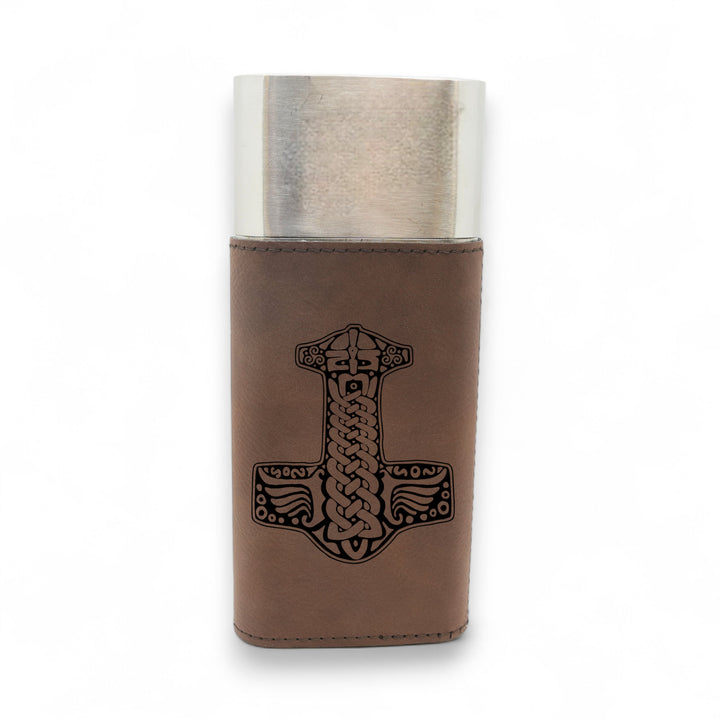 HipFlaskPlus brown leatherette cigar case featuring a laser-engraved Mjolnir Thor hammer design and metal top.