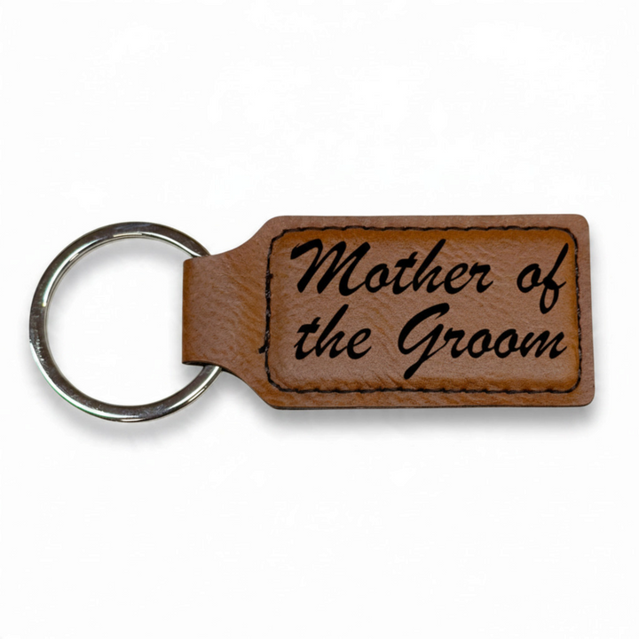 HipFlaskPlus rectangular brown leatherette keychain engraved with Mother of the Groom text in elegant black script