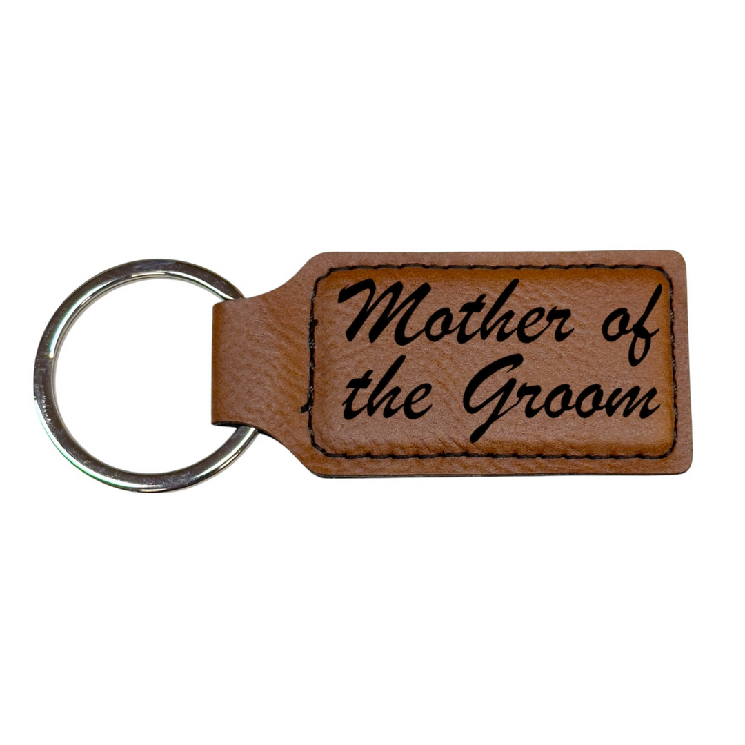 HipFlaskPlus brown rectangular leatherette keychain engraved with Mother of the Groom text and a silver key ring.