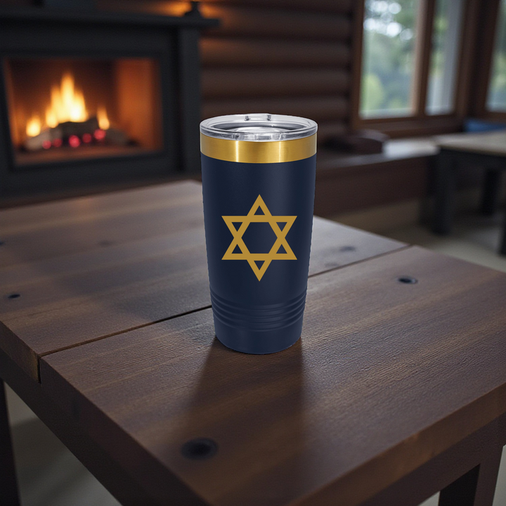 HipFlaskPlus 20oz navy blue stainless steel tumbler with a gold Star of David engraving and gold top rim.