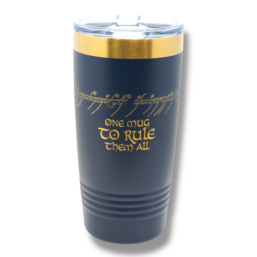 HipFlaskPlus 20oz stainless steel tumbler with navy powder-coated finish, gold top band, and laser-engraved text.