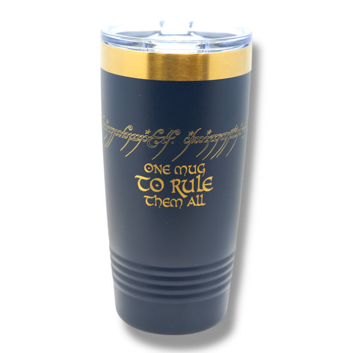 HipFlaskPlus 20oz stainless steel tumbler with navy powder-coated finish, gold top band, and laser-engraved text.
