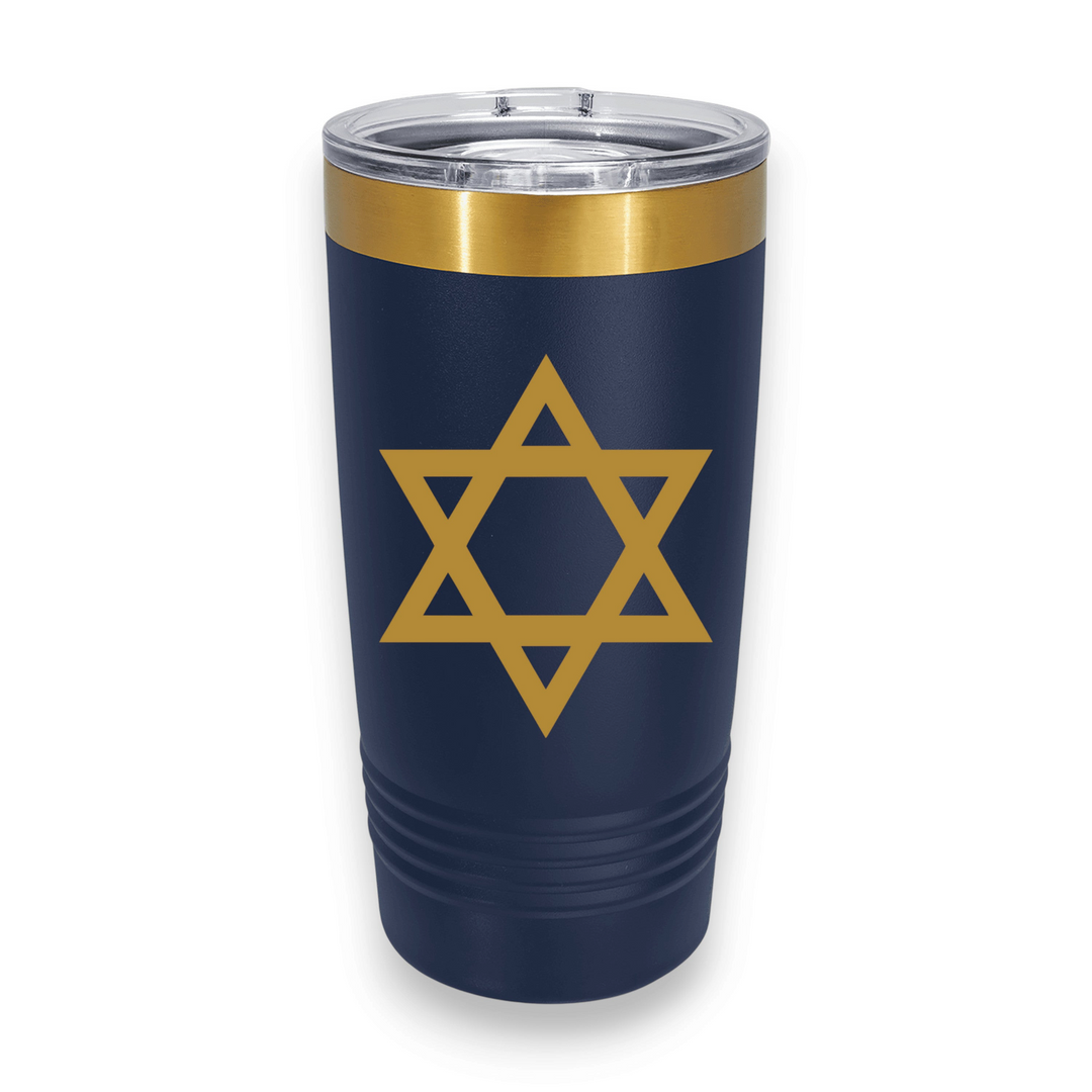 HipFlaskPlus 20oz navy blue stainless steel tumbler with a laser-engraved gold Star of David and gold top band.