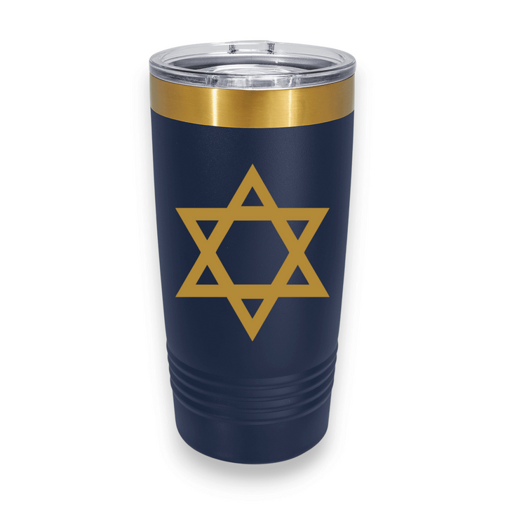 HipFlaskPlus 20oz navy blue stainless steel tumbler with a laser-engraved gold Star of David and gold top band.