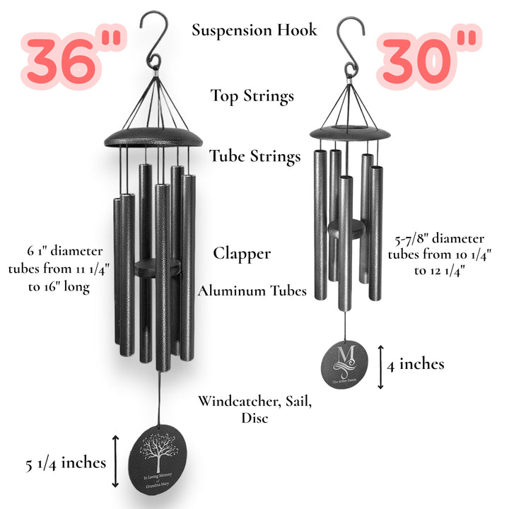HipFlaskPlus personalized black powder-coated aluminum wind chime with laser-engraved sail for garden decor