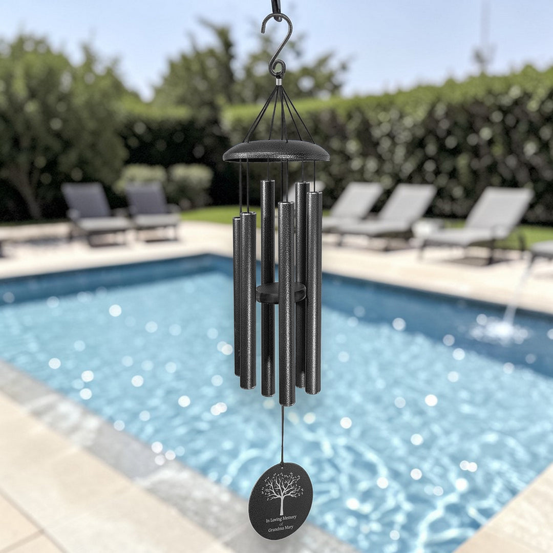 HipFlaskPlus personalized black powder-coated aluminum wind chime with laser-engraved memorial tree design